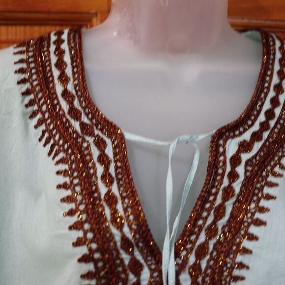 Soft Surroundings Light Blue Blouse with Brown Detailing Boho Hippie Embroidered - Picture 2 of 15